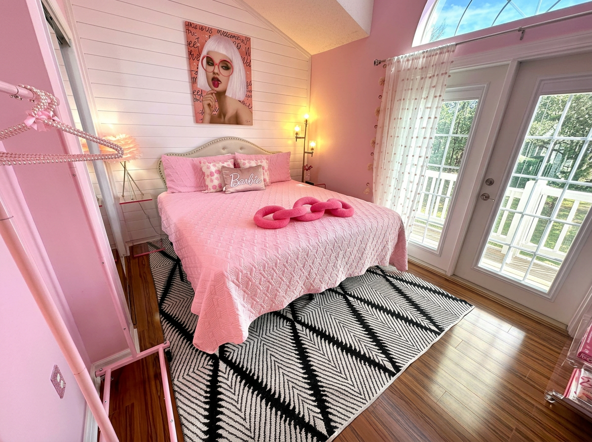 Pink Barbie-themed bedroom freshly cleaned